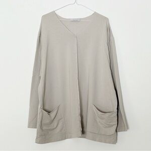 Bryn Walker Woman Beige Organic Cotton Loose Fit V-Neck Long Sleeve Top Tunic 1X